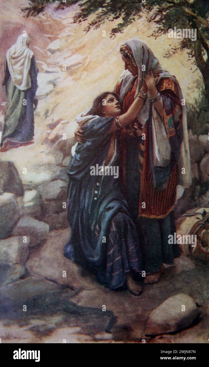 Illustration of Ruth and Naomi - Naomi Set Out to return to Canaan Naomi Told her Daughters-in-law Ruth and Orpah to return to Moab, Orpah Returned Bu Stock Photo