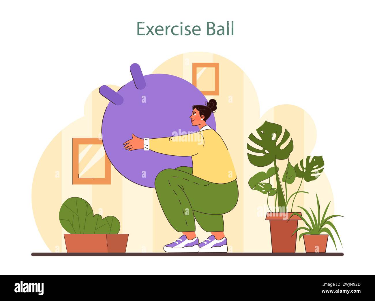Exercise Ball illustration. A woman in casual workout attire uses an exercise ball at home, a scene combining fitness and domestic life. Perfect for home gym concepts. Flat vector illustration. Stock Vector