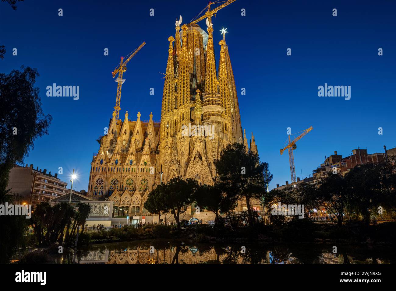 The Nativity Facade of the famous Sagrada Familia church in Barcelona at night Stock Photo