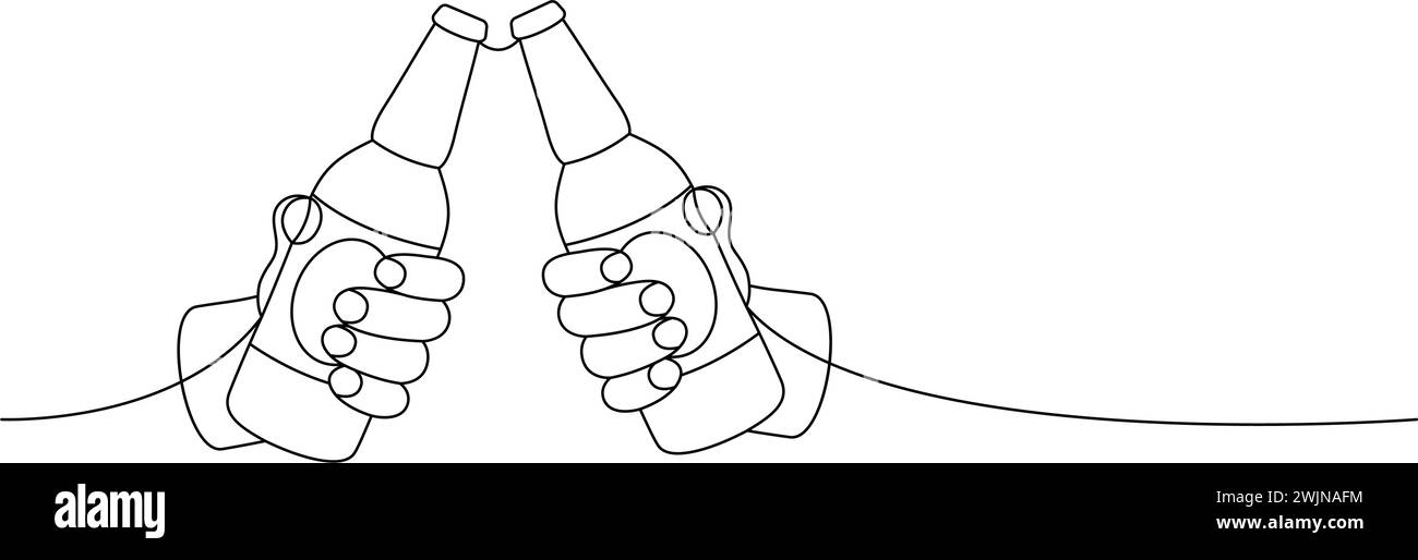 Hands holding beer bottles one line continuous drawing. Beer pub products continuous one line illustration. Vector linear illustration. Stock Vector