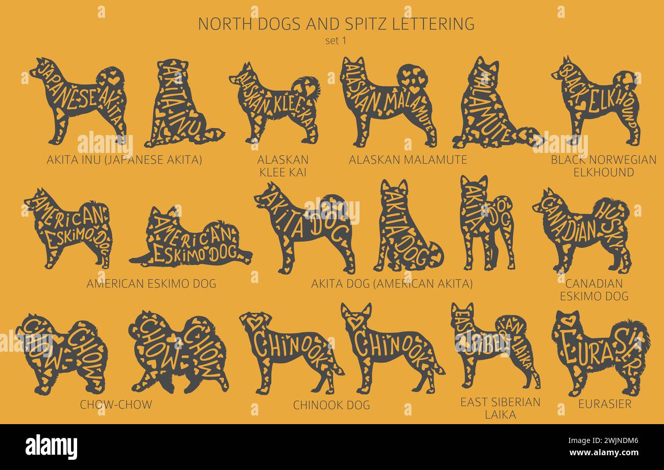 Dog breeds silhouettes with lettering, simple style clipart. North dogs and Spitz collection.  Vector illustration Stock Vector