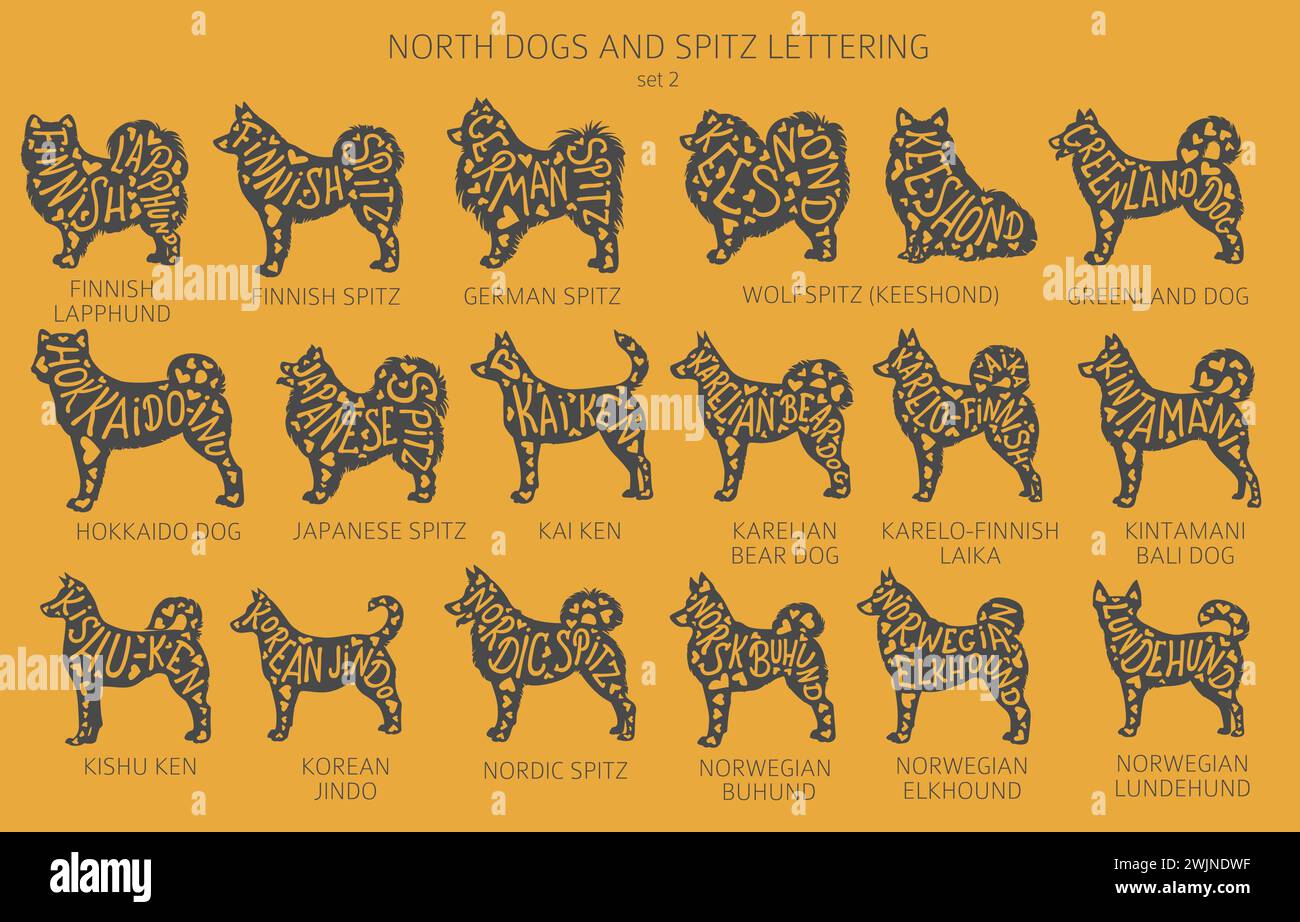 Dog breeds silhouettes with lettering, simple style clipart. North dogs and Spitz collection.  Vector illustration Stock Vector