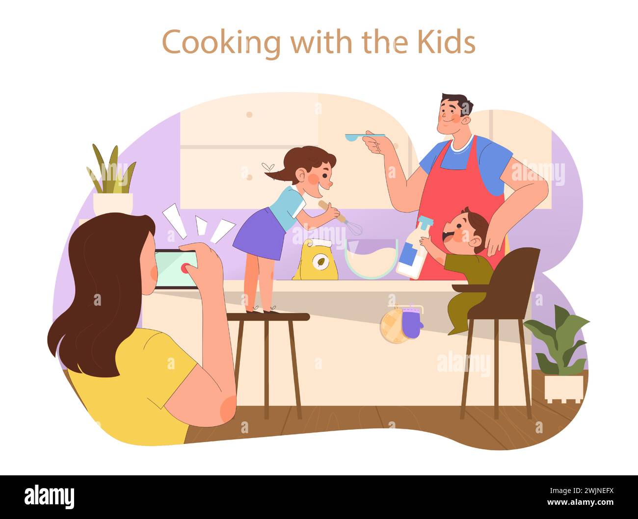 Family Hobbies concept. A heartwarming culinary session where kids and parents share the joy of cooking in a home kitchen. Stock Vector