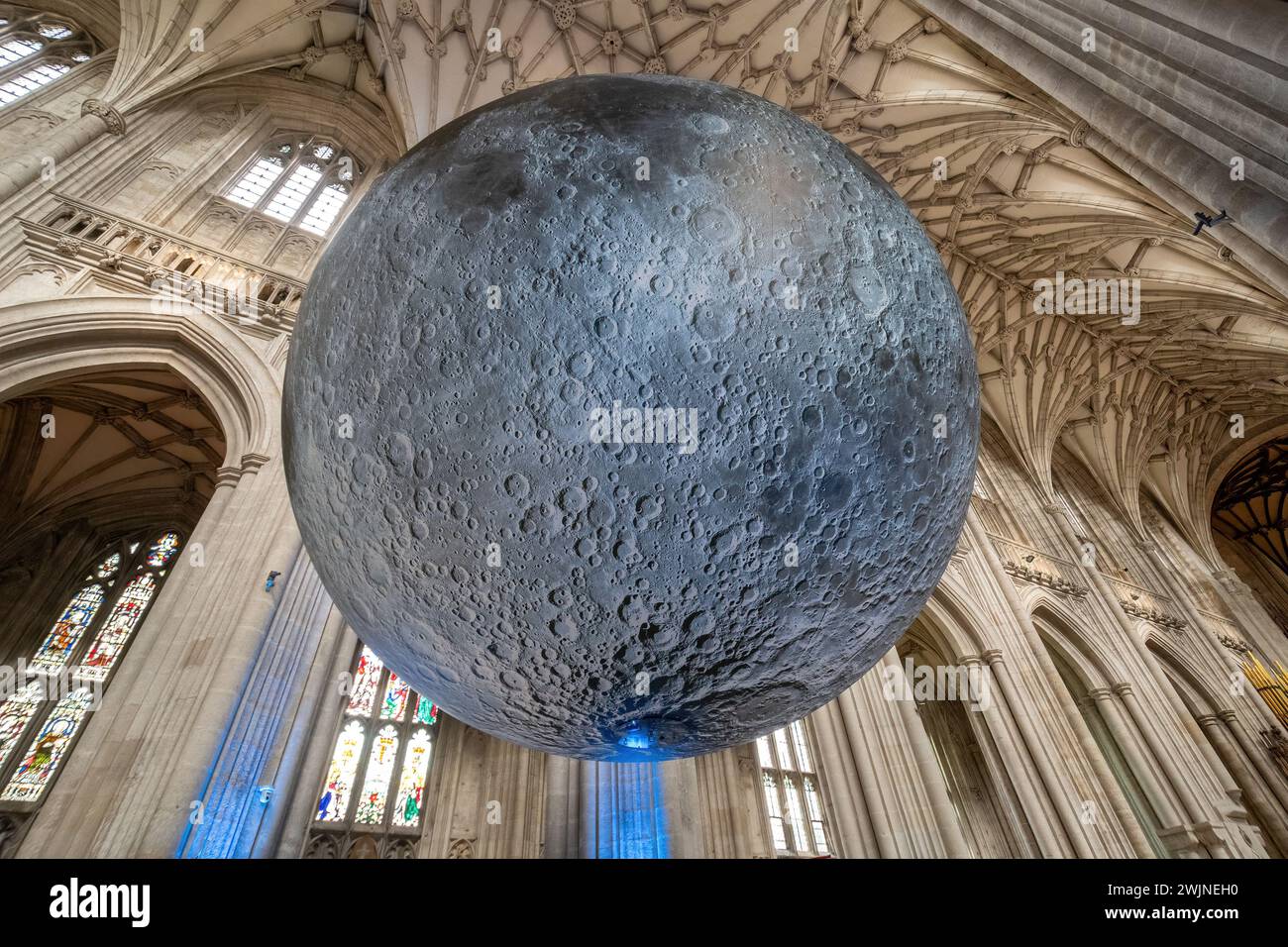 16th February 2024. The Museum of the Moon artwork by UK artist Luke Jerram is currently on display in Winchester Cathedral, Hampshire, England, UK.  The large-scale art installation has been touring the globe. It is attracting many visitors to the cathedral, and a number of events are planned while it is on show here. Stock Photo