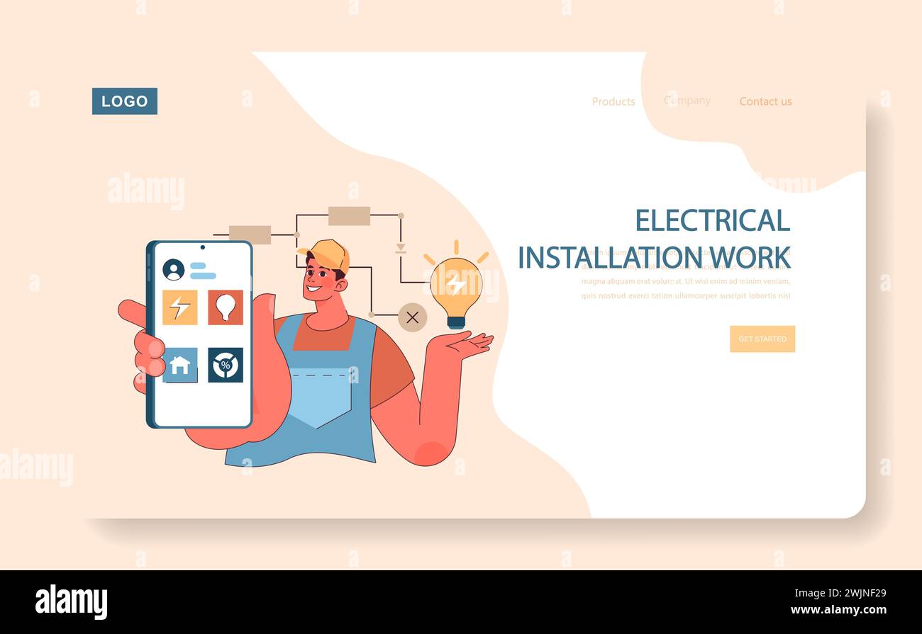 Electrical Installation Work concept. Electrician with smart device showcasing modern electrical services and lighting solutions. Flat vector illustration Stock Vector