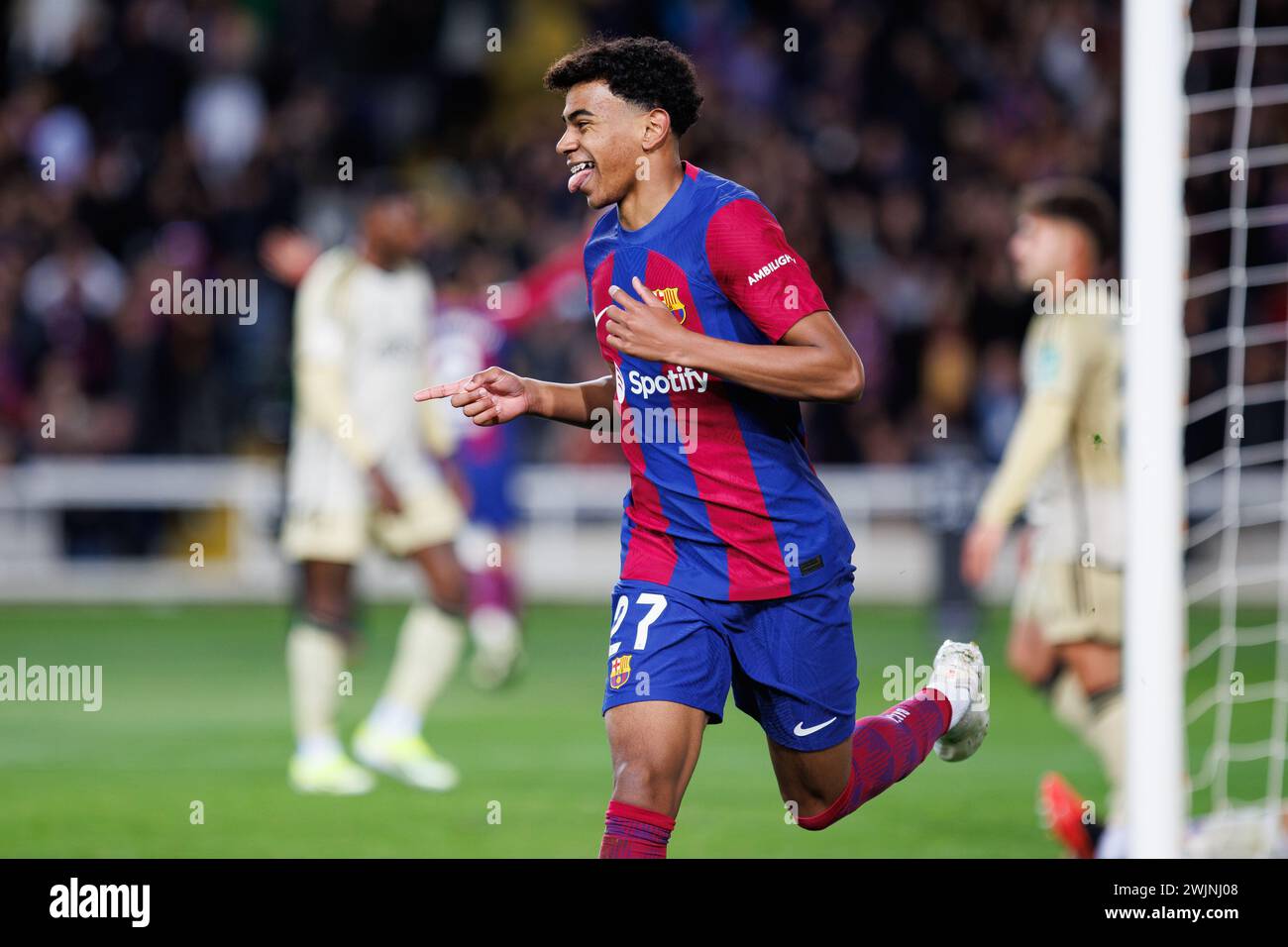 Barcelona, Spain. 11th Feb, 2024. Lamine Yamal celebrates after scoring a goal during the LaLiga EA Sports match between FC Barcelona and Granada CF a Stock Photo