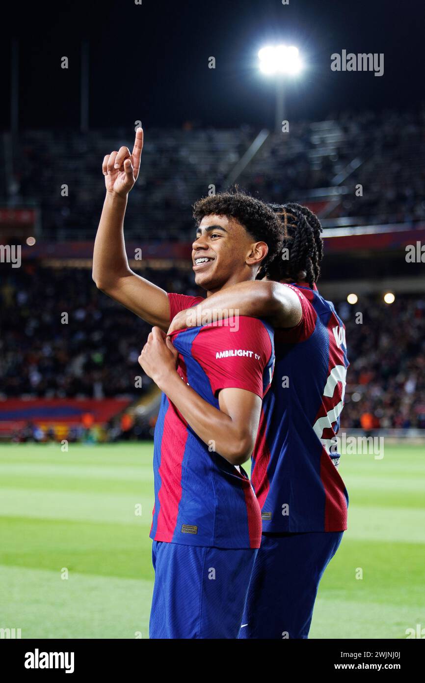 Barcelona, Spain. 11th Feb, 2024. Lamine Yamal celebrates after scoring