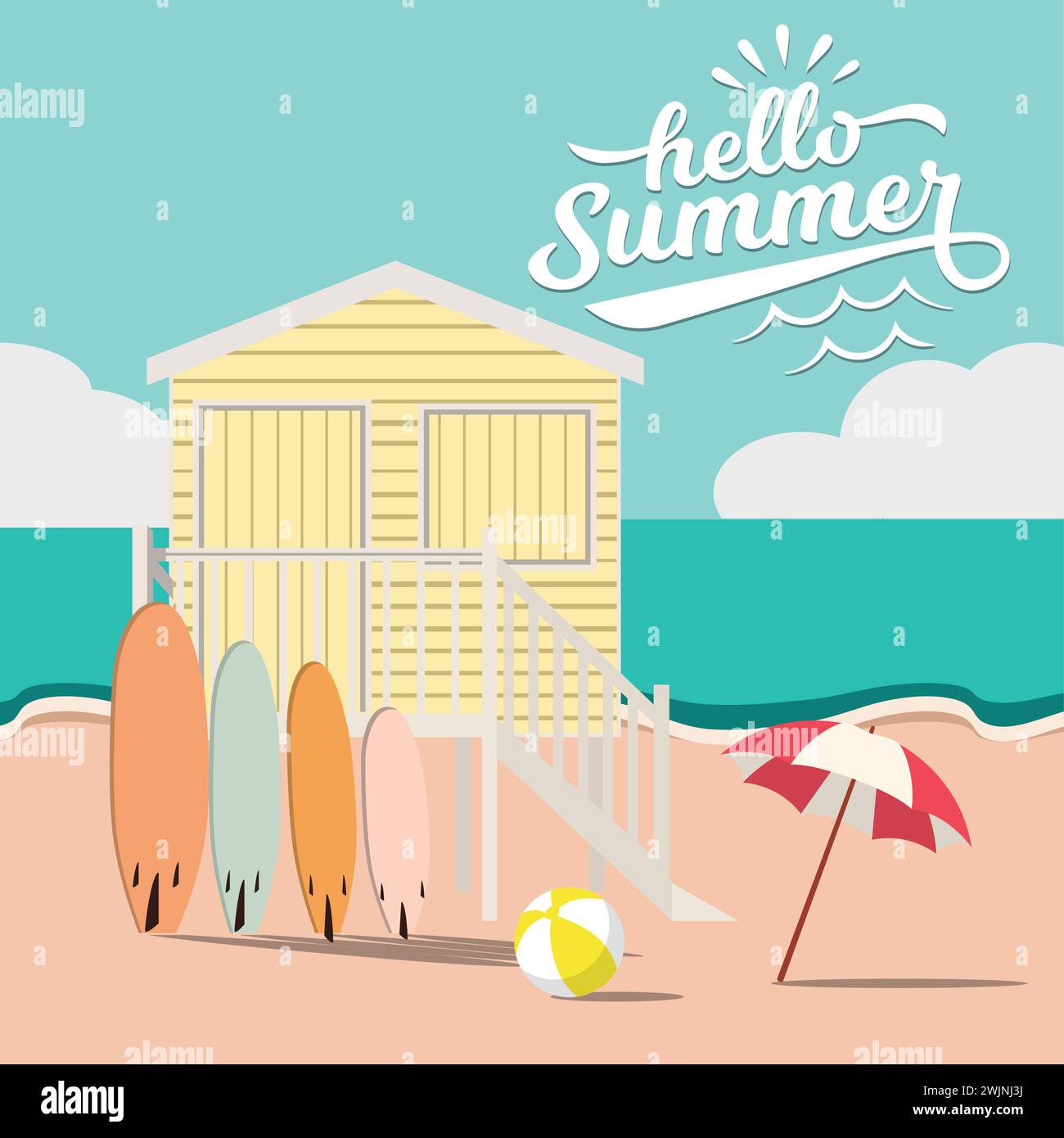 Colored beach landscape with surfboards and cottage Vector Stock Vector ...