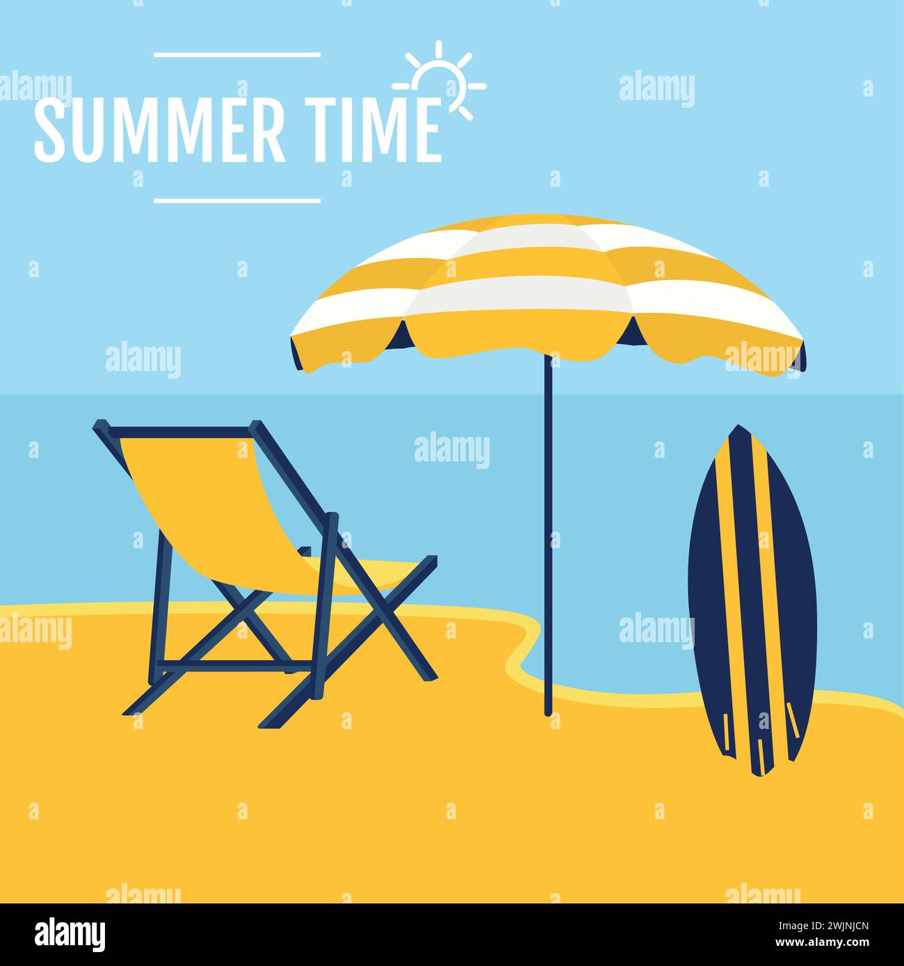 Beach landscape view with umbrella and surfboard Vector Stock Vector ...