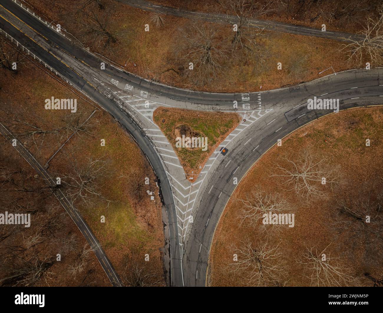 The top down view over an intersection, in a triangular shape, on a ...