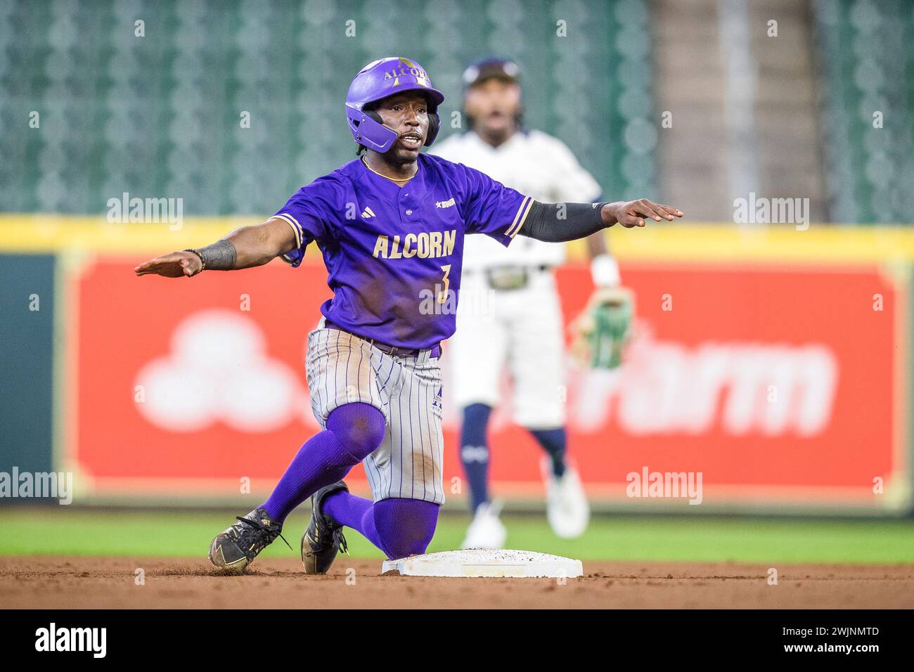 Houston, Texas, USA. 16th Feb, 2024. Alcorn State Braves outfielder Reyfield Adams III (3