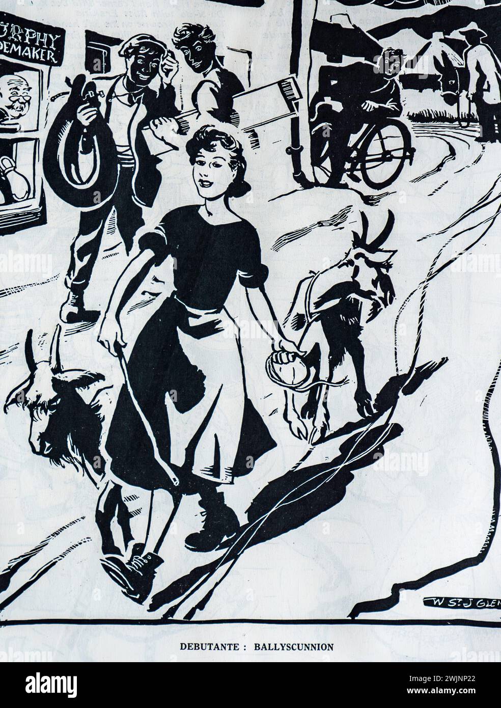 A cartoon from The Dublin Opinion Magazine entitled Debutante: Ballyscunnion. The image shows a young woman leading two  goats down the village street.  Ballyscunnion was an fictional village in Ireland and the goings on there was a regular feature of the magazine. Stock Photo
