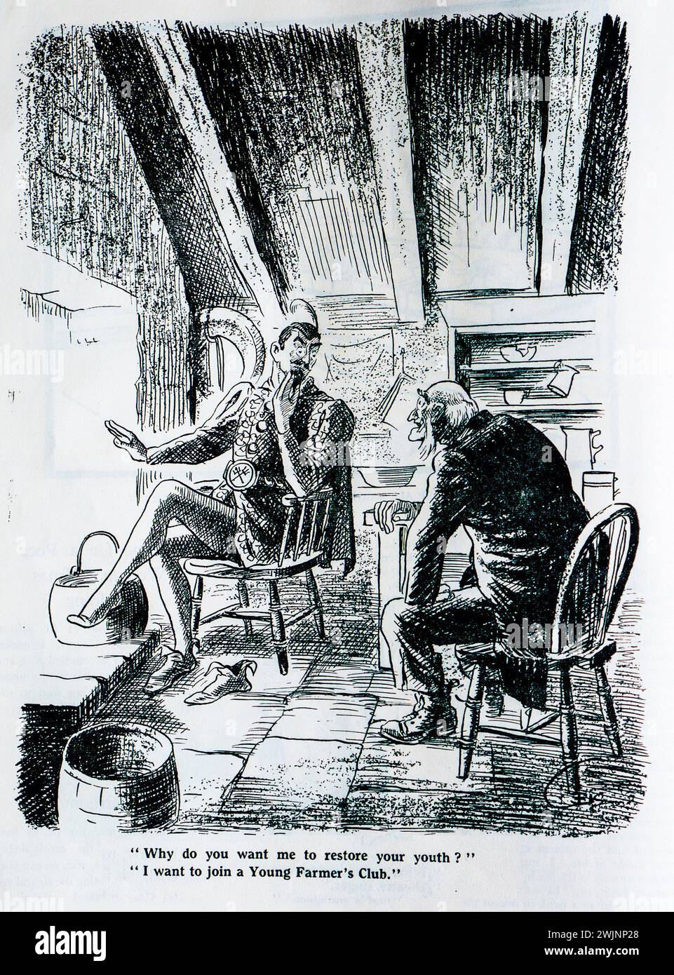 A cartoon from The Dublin Opinion Magazine showing an old man asking the Devil to restore his youth so that he can join a Young Farmers Club Stock Photo