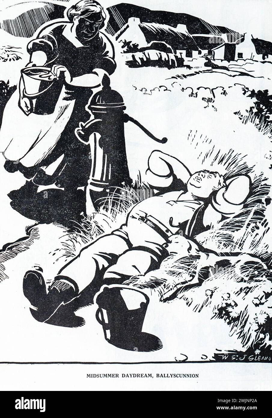 A cartoon from The Dublin Opinion Magazine entitled Midsummer Daydream Ballyscunnion showing a man sleeping beside a water pump while his wife prepares to throw a bucket of water over him. Ballyscunnion was an fictional village in Ireland and the goings on there was a regular feature of the magazine. Stock Photo