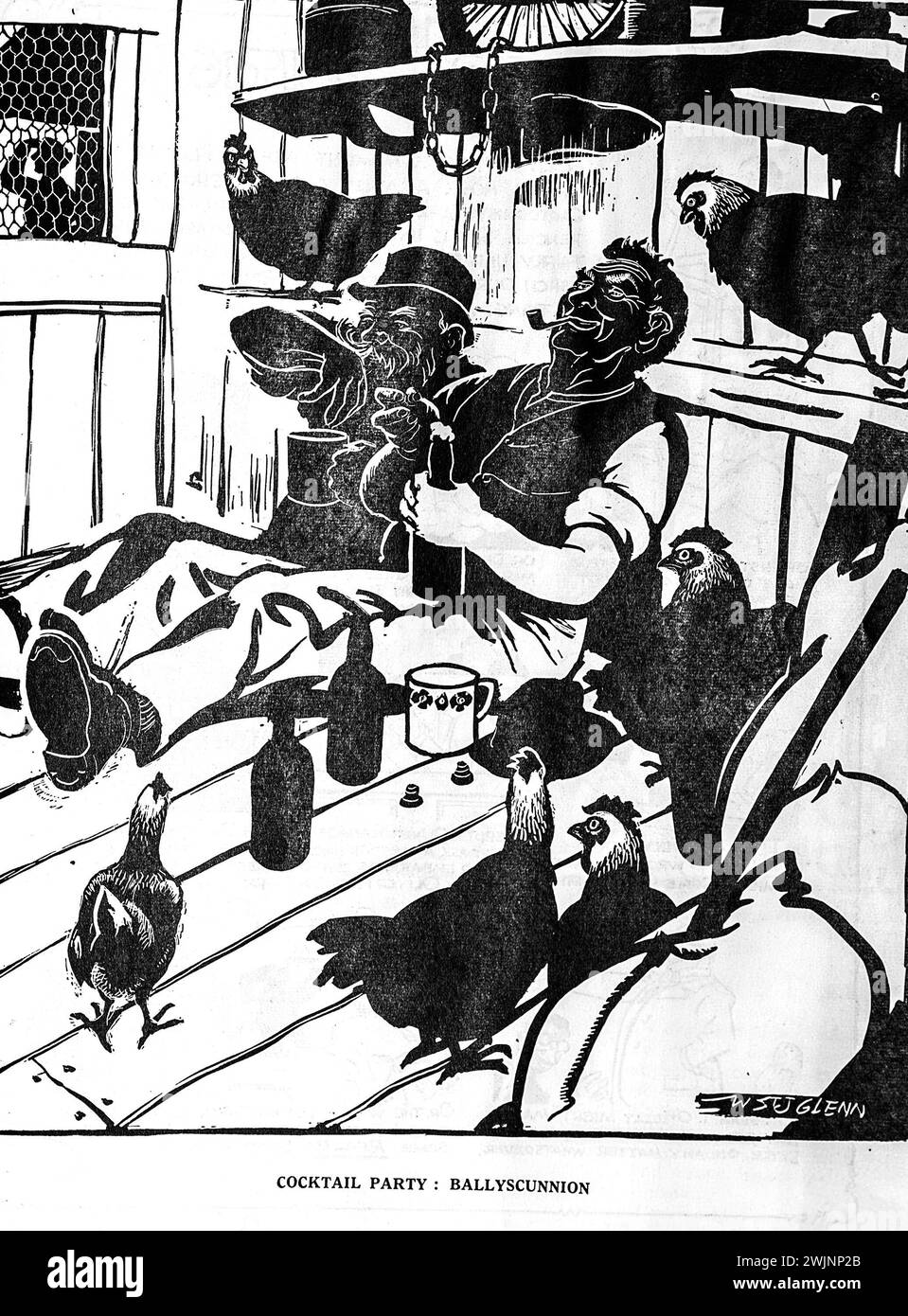 A cartoon from The Dublin Opinion Magazine entitled Cocktail Party: Ballyscunnion, showing two men in a hen coop enjoying bottles of stout while hens wander around them. Ballyscunnion was an fictional village in Ireland and the goings on there was a regular feature of the magazine. Stock Photo