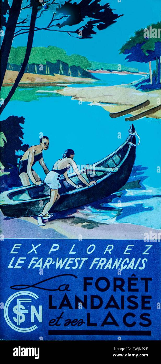 This vintage poster depicts a vibrant scene encouraging travel to the Landes region of France, highlighting its forest and lakes with stylized imagery of a couple and a boat. Stock Photo