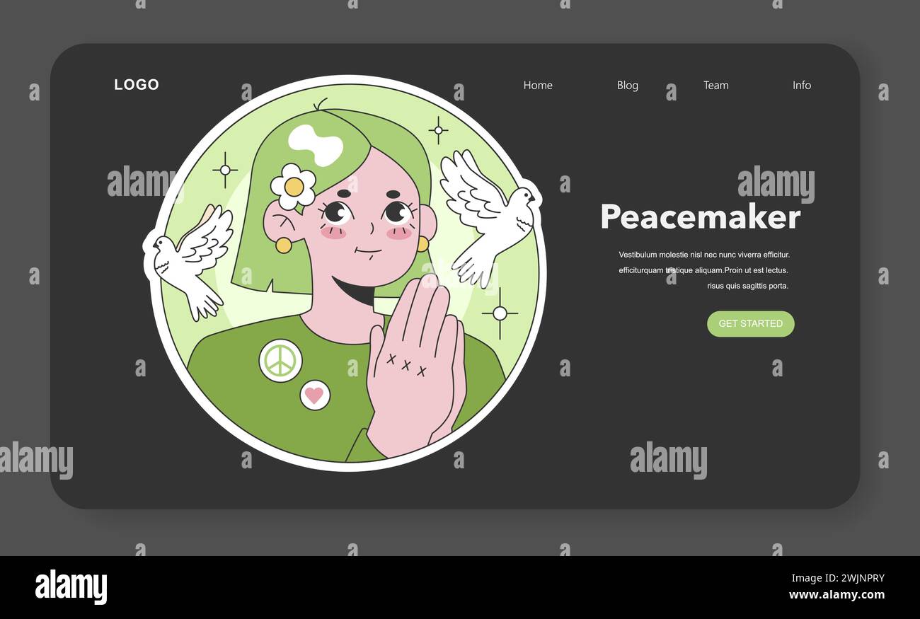 Enneagram Peacemaker type illustration. A serene, harmonious character with doves, epitomizing calmness and the pursuit of peace. Ideal for conflict resolution themes. Flat vector illustration Stock Vector