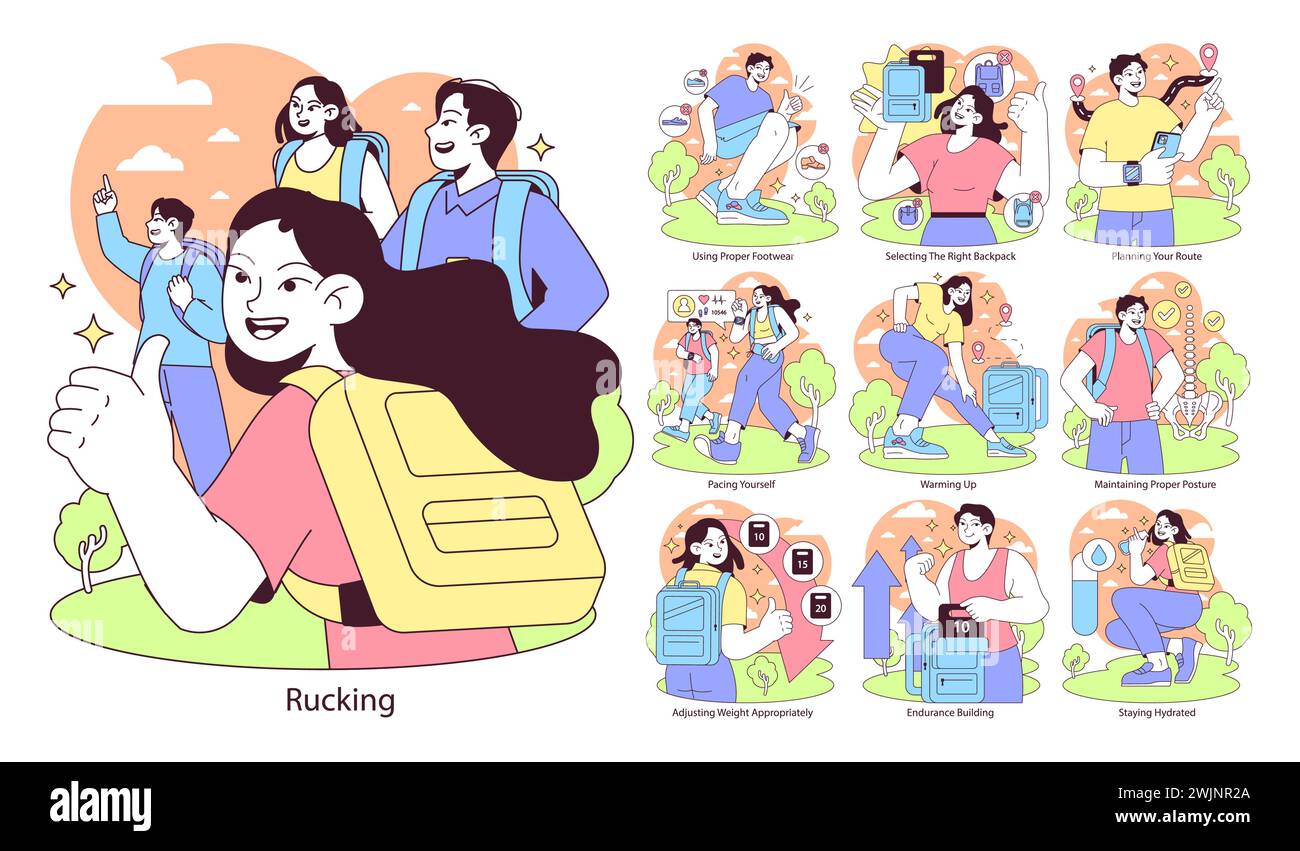 Rucking set. Comprehensive guide to effective outdoor fitness walking with a weighted backpack