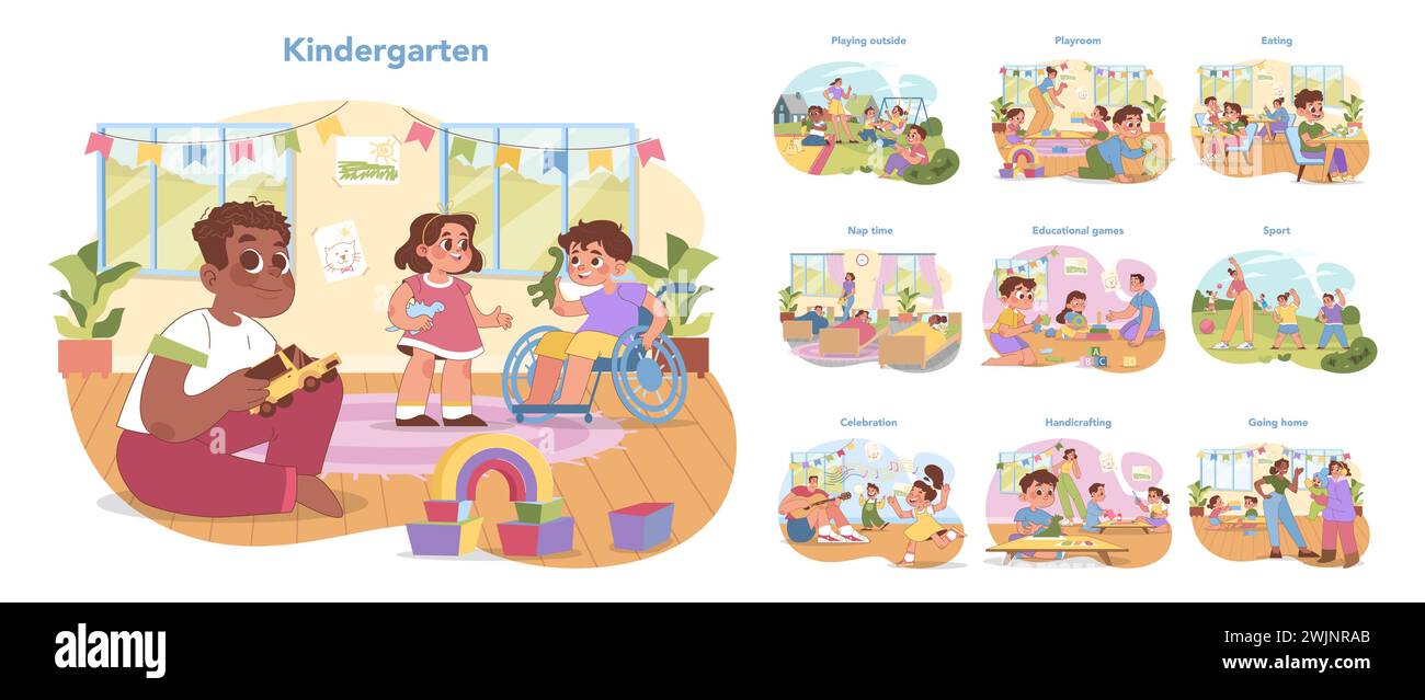 Kindergarten set. Daily activities from learning to play, nap time to sports. Diversity and inclusivity in early education. Child development in nurturing environment. Flat vector illustration Stock Vector