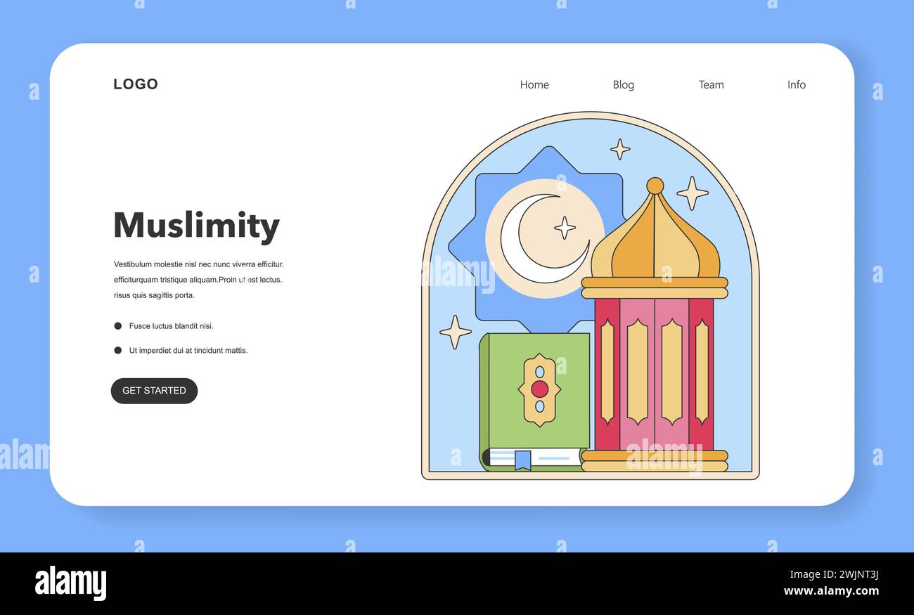 Muslimity icon encapsulating Islamic faith. Features a mosque and Quran under a celestial dome, evoking spiritual reflection. Flat vector illustration. Stock Vector