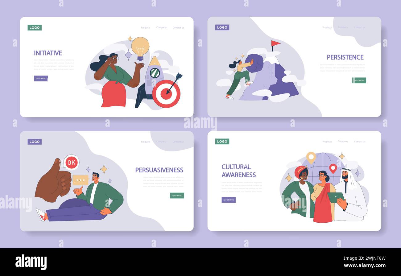 Soft skills set. Web banners showing initiative, persistence ...