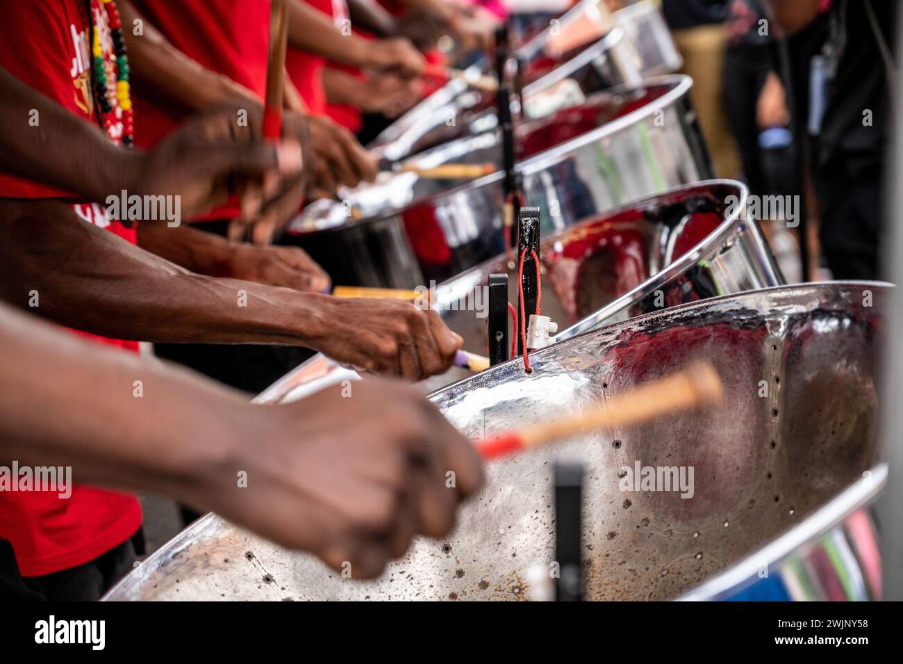 Pannists playing the steel pan on World Steel Pan Day Trinidad and