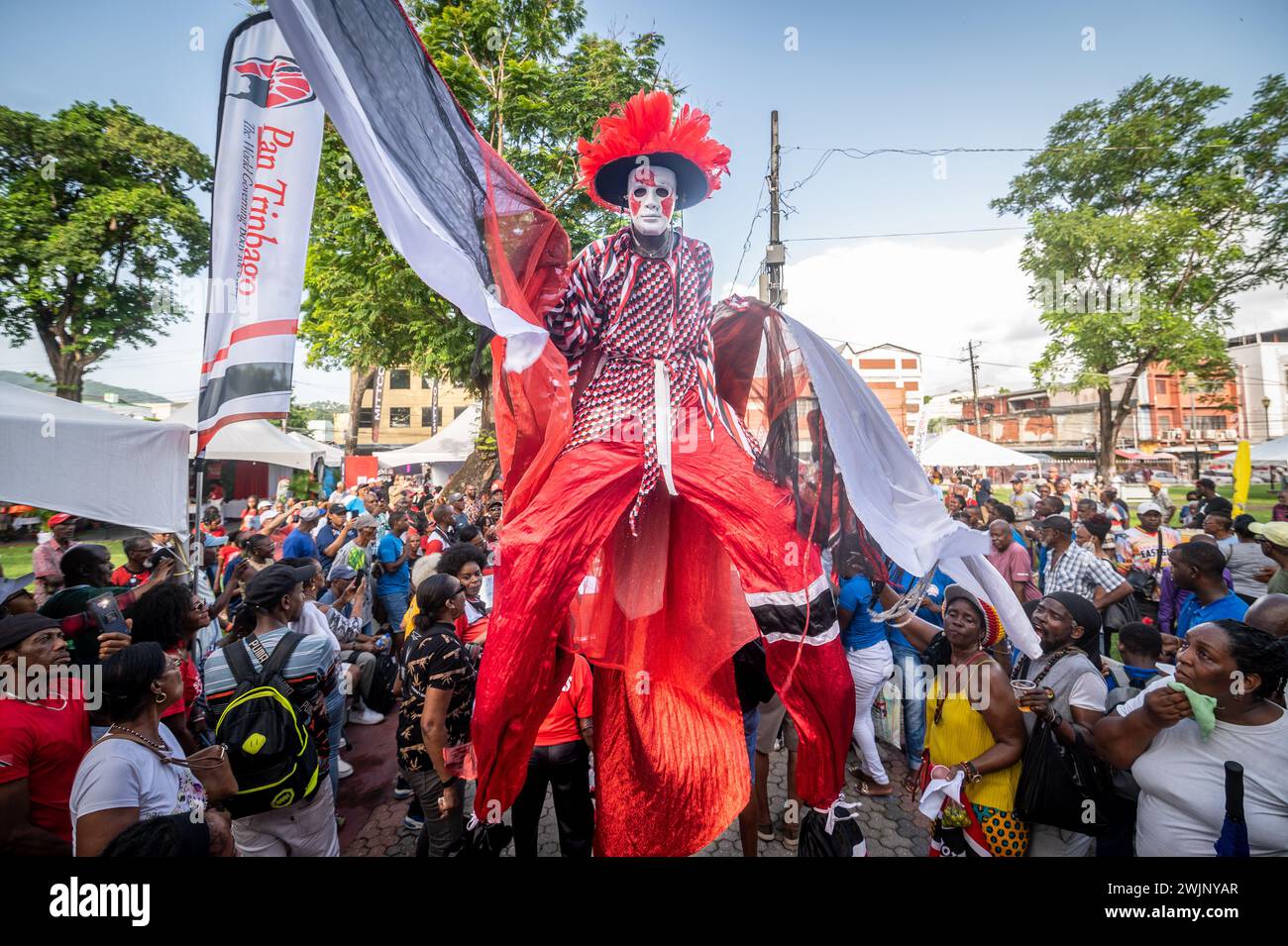 World Steel Pan Day celebration Moko Jumbie parade Stock Photo Alamy