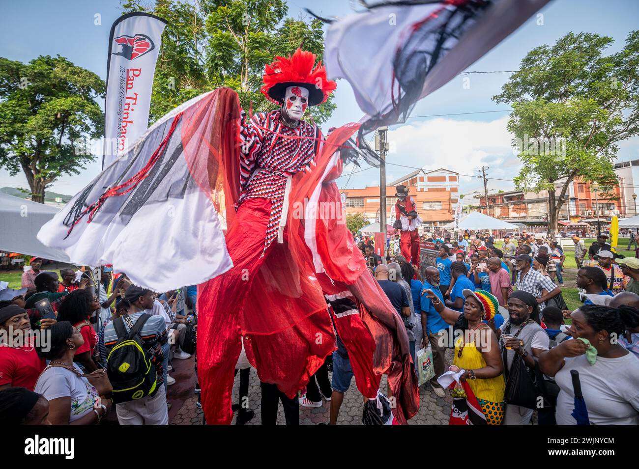 World Steel Pan Day celebration Moko Jumbie parade Stock Photo Alamy