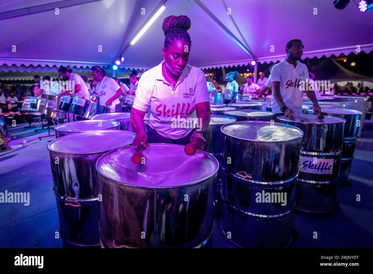 People playing a Steel Pan in World Pan Day celebration in Trinidad and tobago Stock Photo