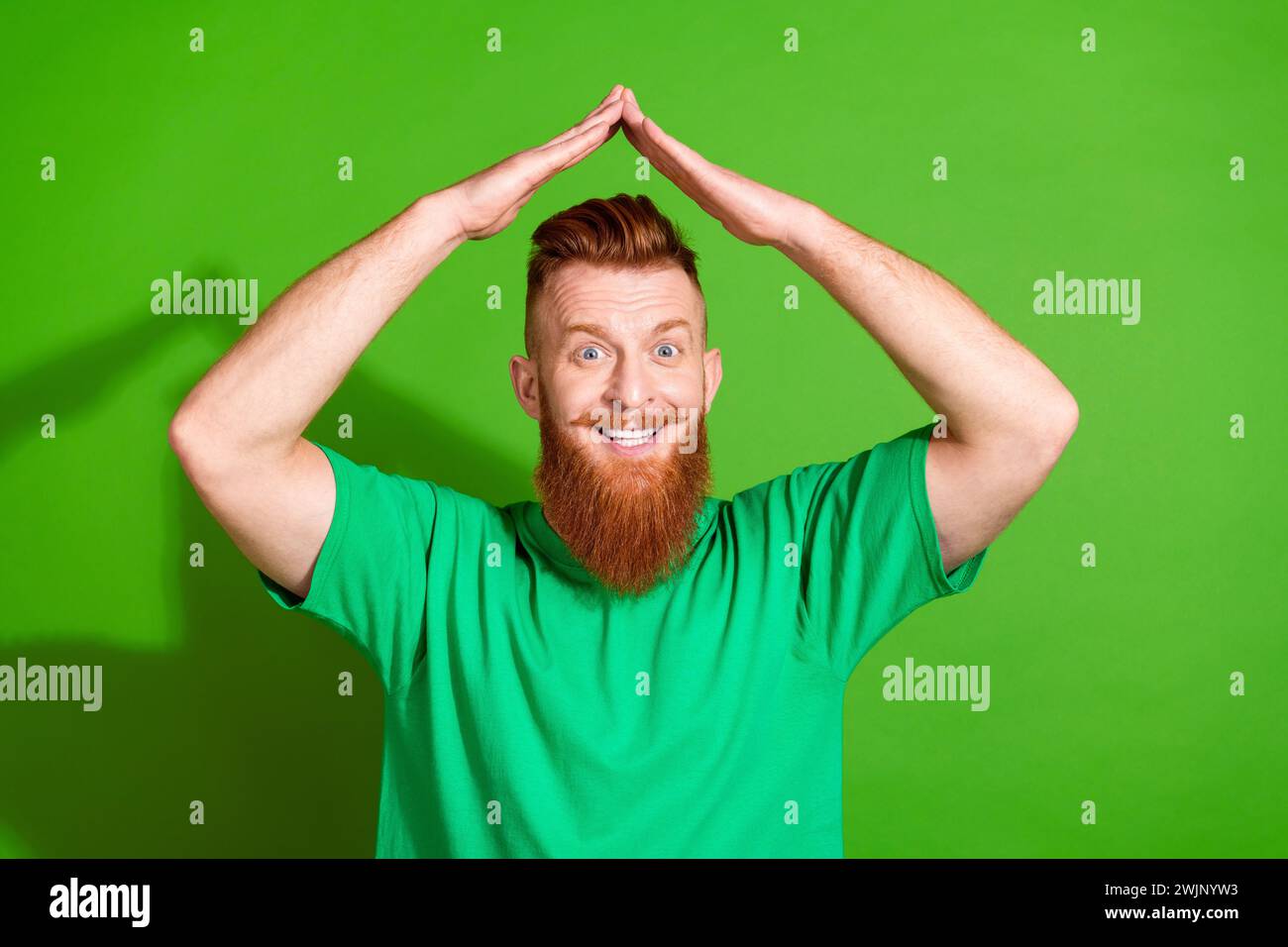 Portrait of toothy beaming guy with long red beard wear stylish t-shirt ...