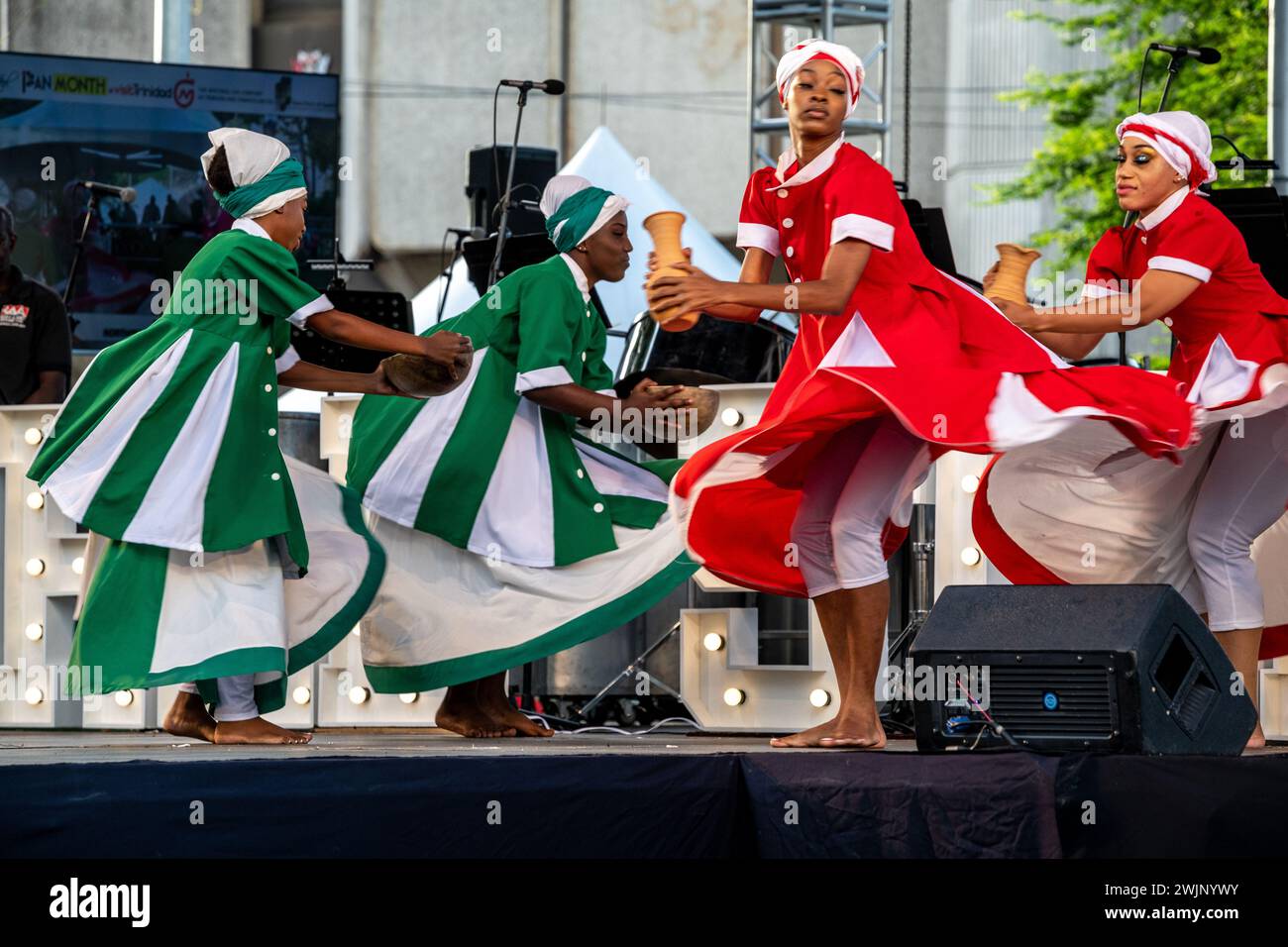 Traditional dancers performing at the world pan day festival in Port of Spain Trinidad and Tobago Stock Photo