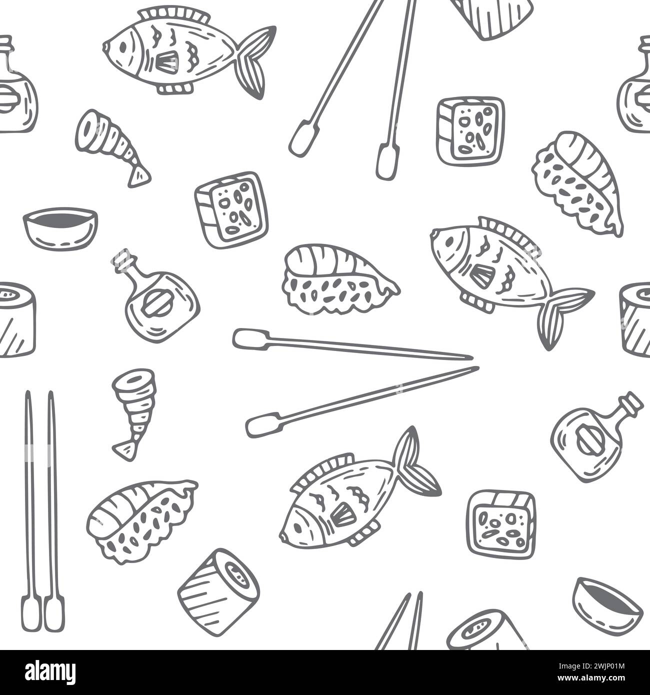 Sushi and rolls seamless pattern. Hand drawn sketch Japanese food ...