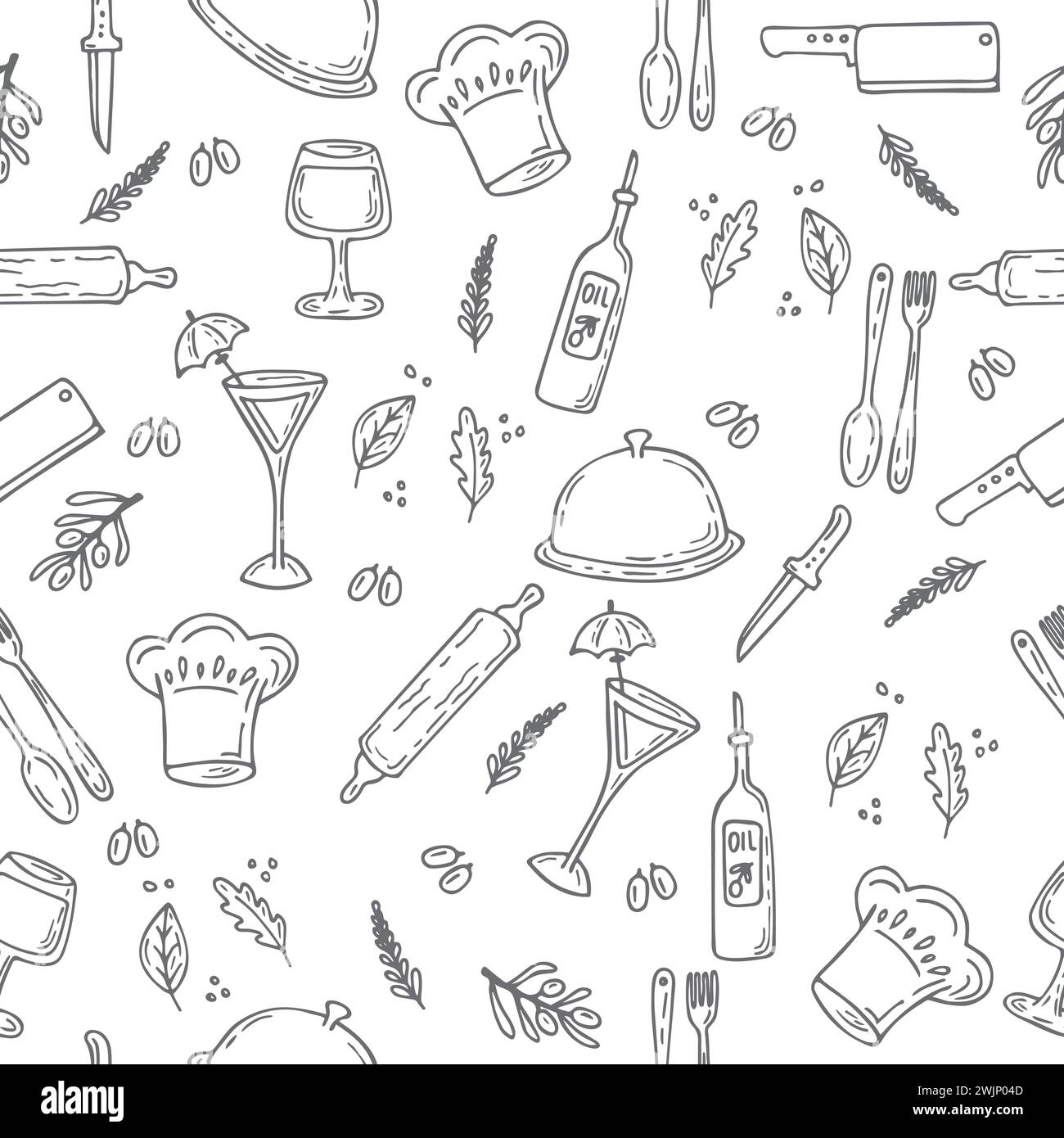 Hand drawn food seamless pattern. Sketch kitchen design elements. Vector illustration Stock Vector