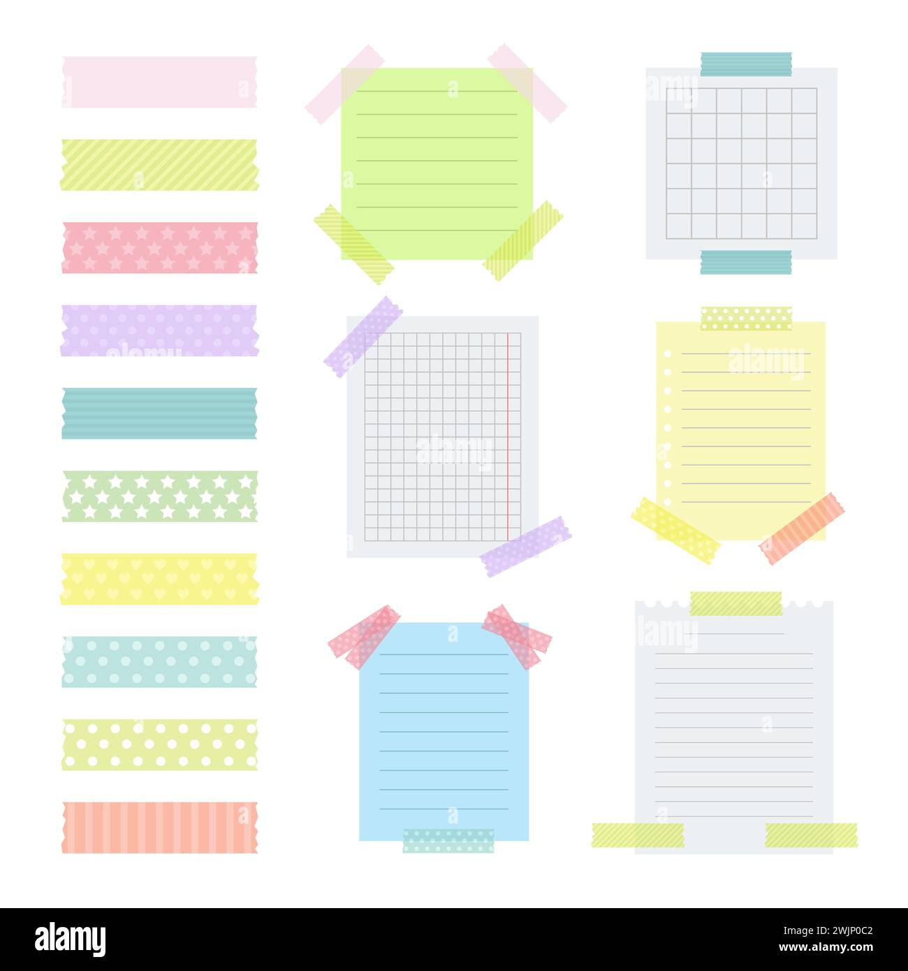 Collection of various note papers with different tape strips. Cute design elements. Vector illustration Stock Vector