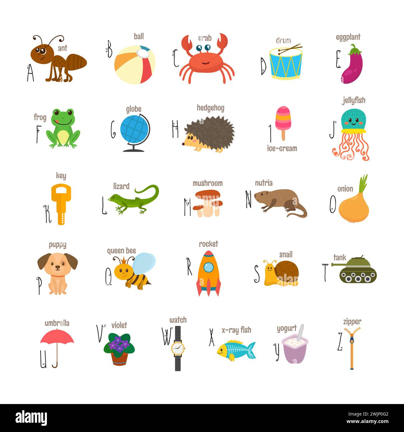 Children alphabet with cute cartoon animals and other funny elements. ABC. Cartoon vocabulary for education. Vector illustration Stock Vector