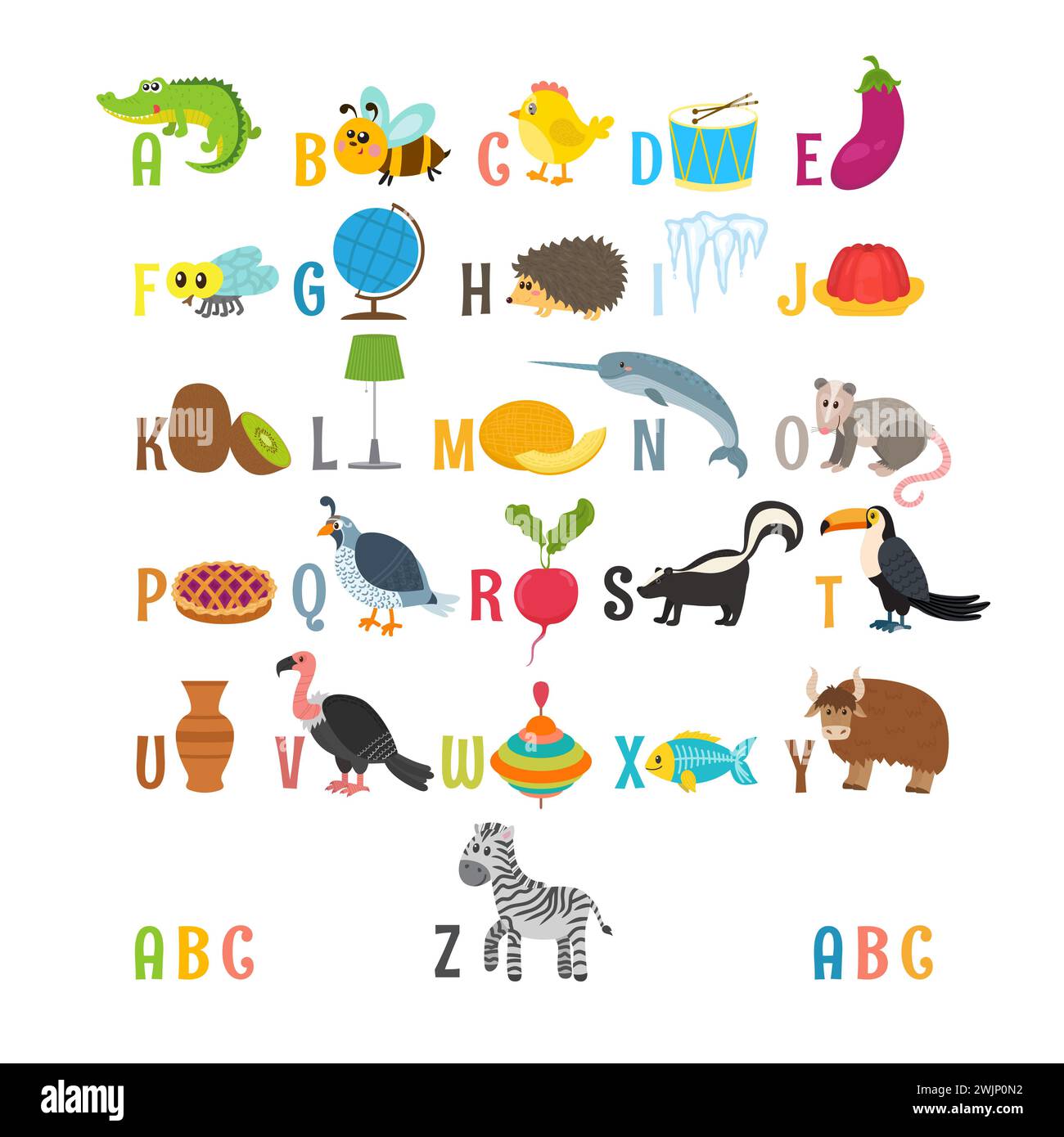 Children alphabet with cute cartoon animals and other funny elements. Learn to read. ABC. Vector illustration Stock Vector