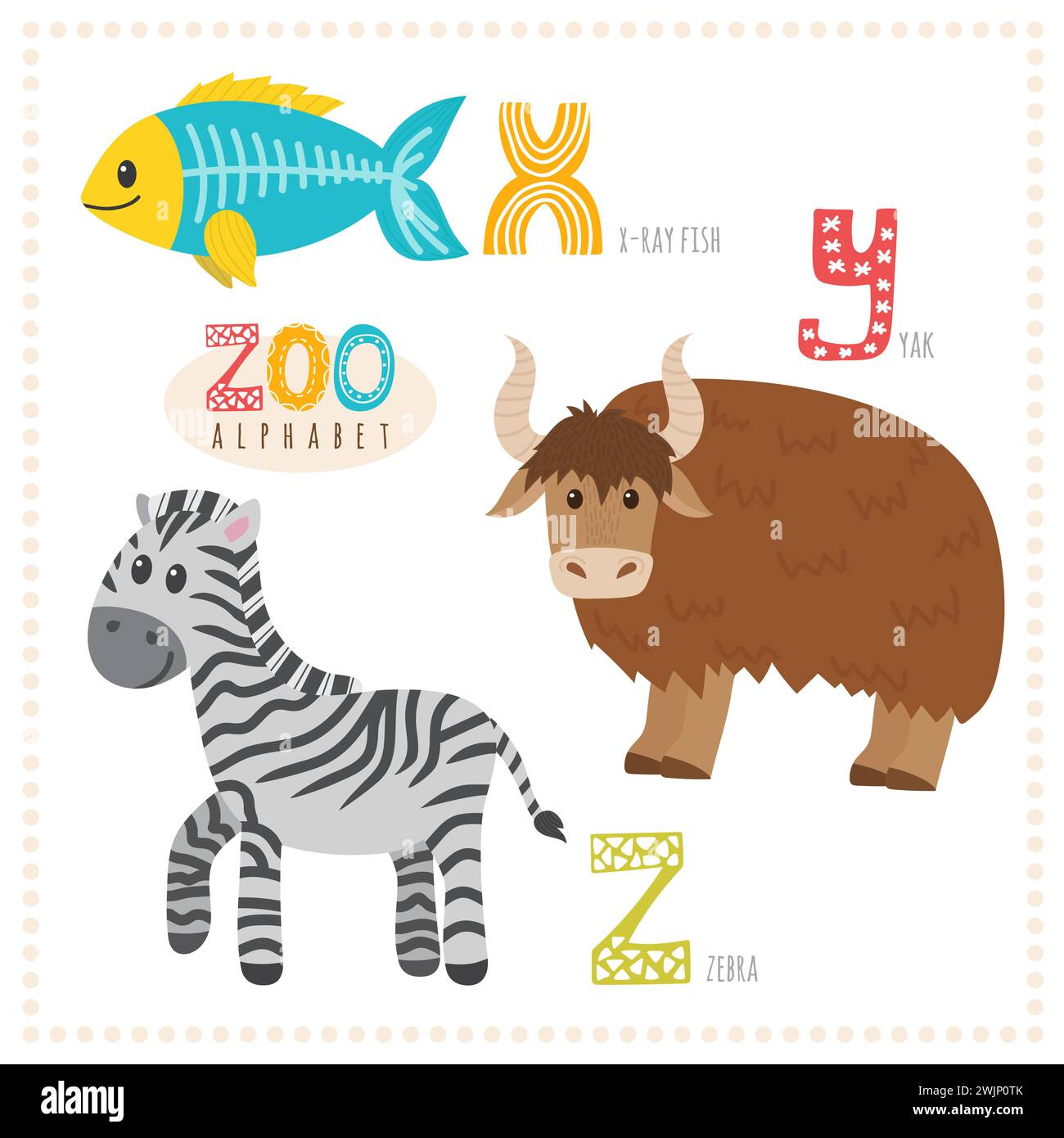 Cute cartoon animals. Zoo alphabet with funny animals. X, y, z letters. X-ray fish, yak, zebra. Vector illustration Stock Vector