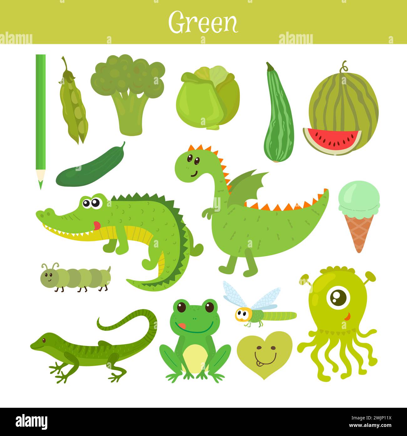 Green. Learn the color. Education set. Illustration of primary colors. Vector illustration Stock Vector