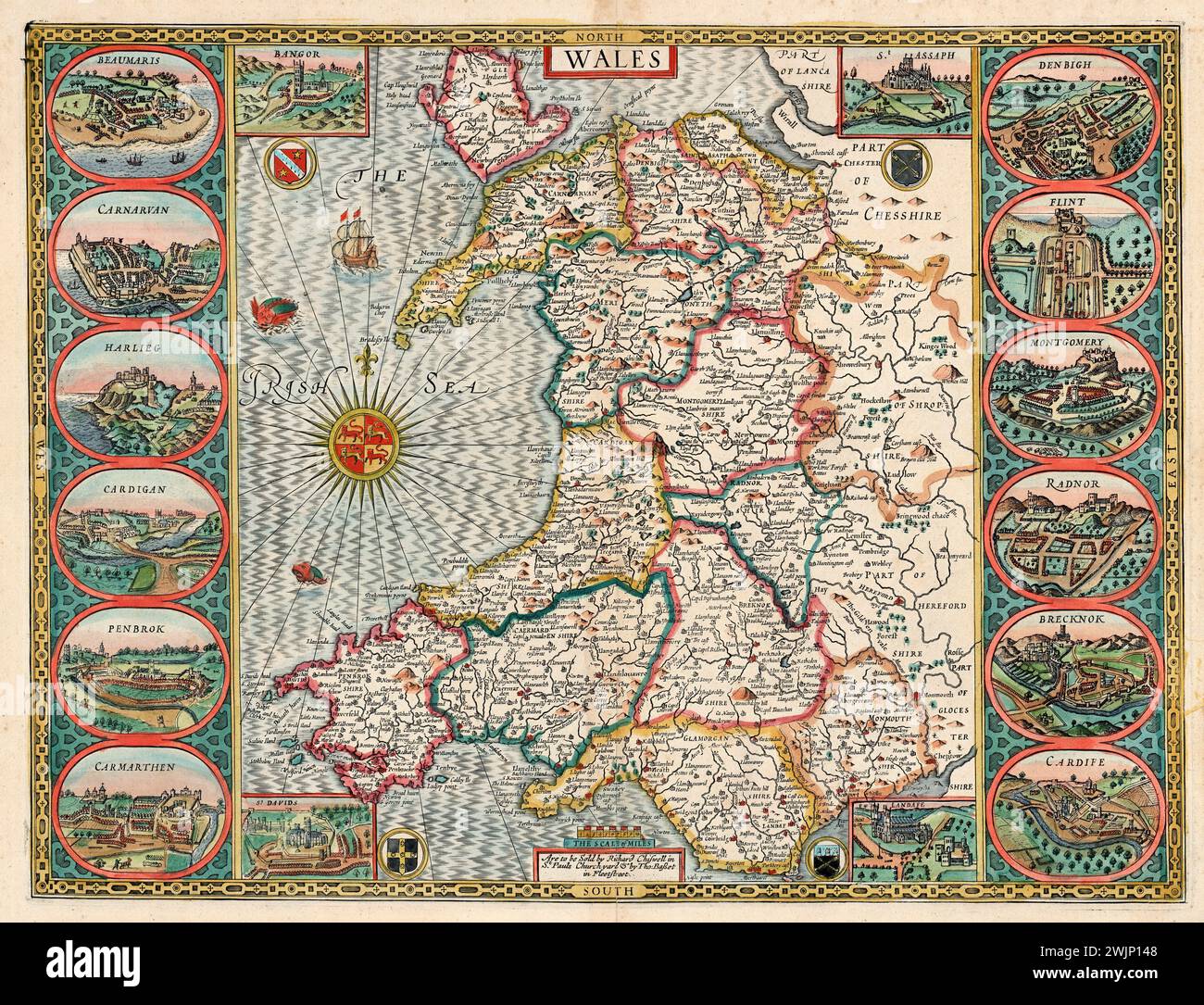 Vintage Illustrated Map of Wales  1610.  by John Speed's.  Shows Welsh counties  ,twelve views of the County Towns of Wales Stock Photo