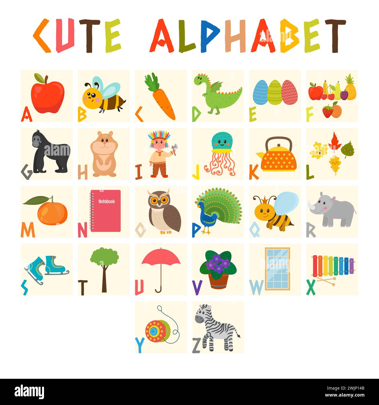 Children alphabet with cute cartoon animals and other funny elements. Cartoon vocabulary for education. ABC. Vector illustration Stock Vector