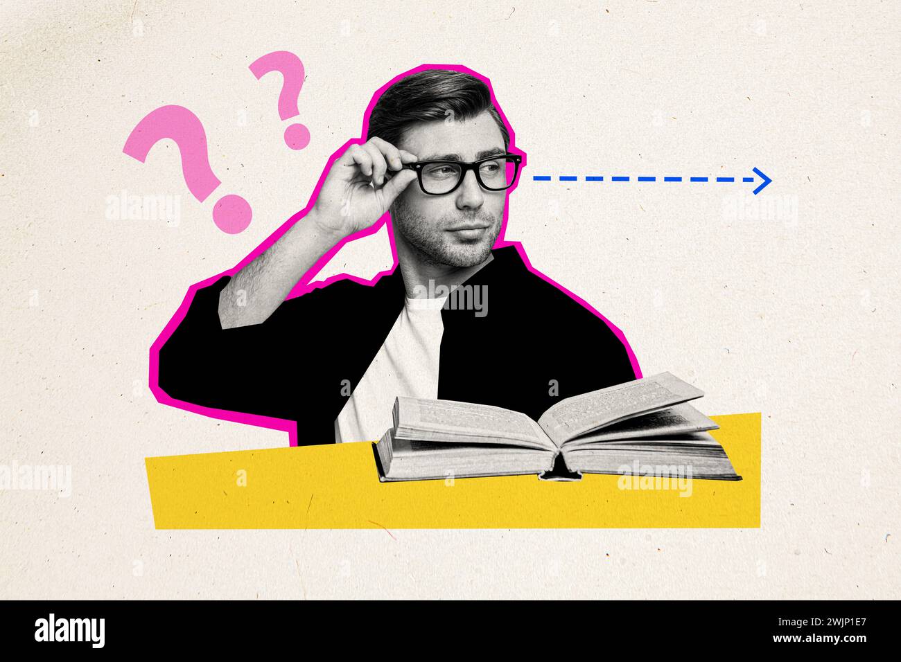 Freaking Question 3d retro creative artwork template collage of clever man look unsure ...