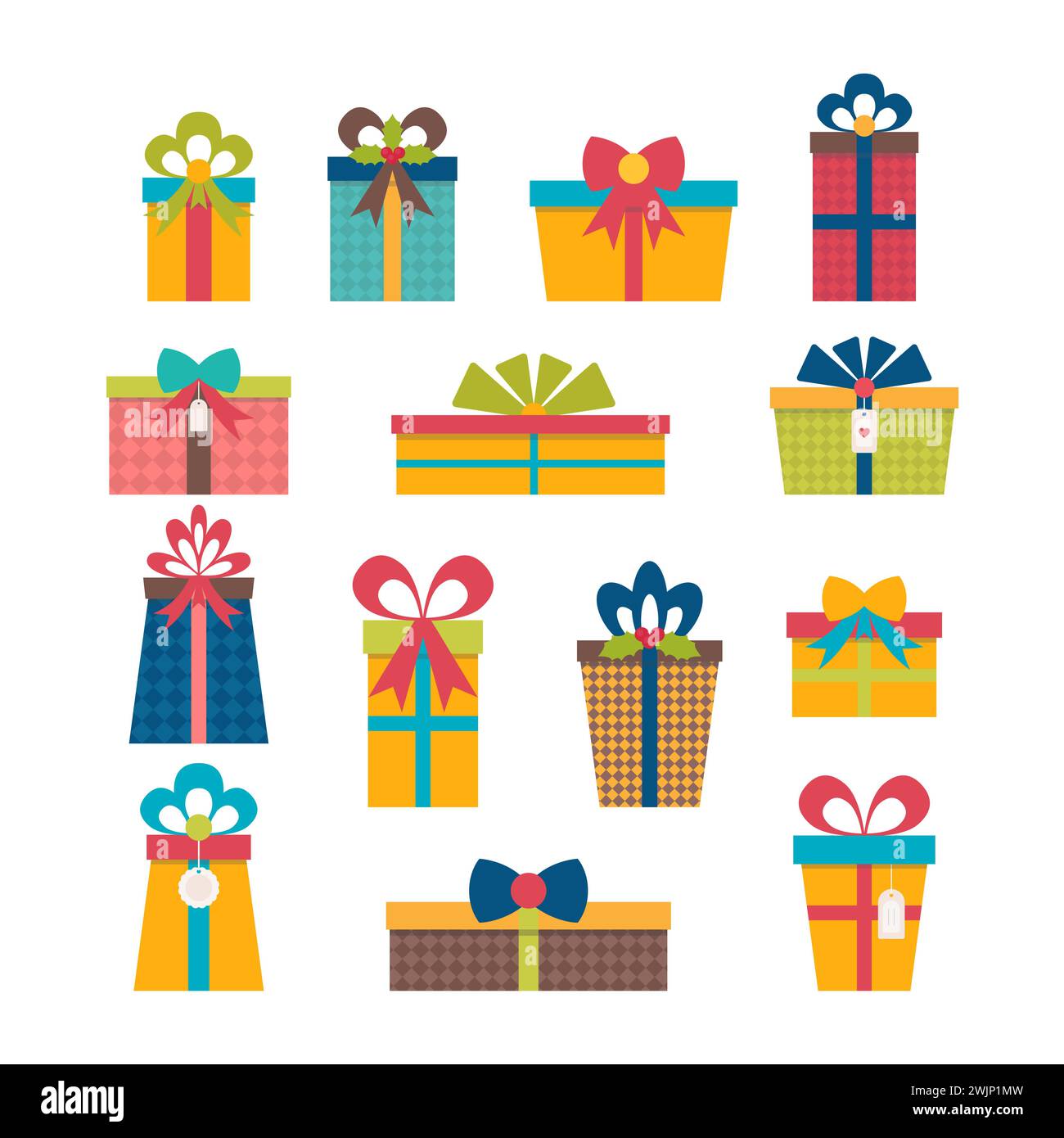 Set of different gift boxes. Flat design. Colorful wrapped gift boxes. Birthday surprise. Christmas presents. Vector illustration Stock Vector