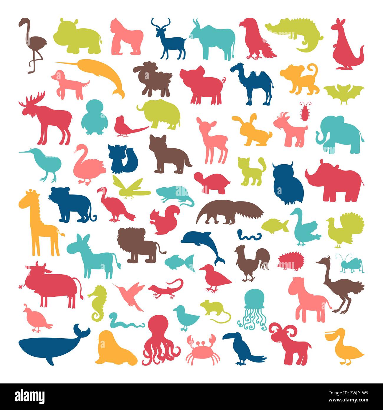 Big set of animals silhouettes in cartoon style. Wild life. Vector illustration Stock Vector