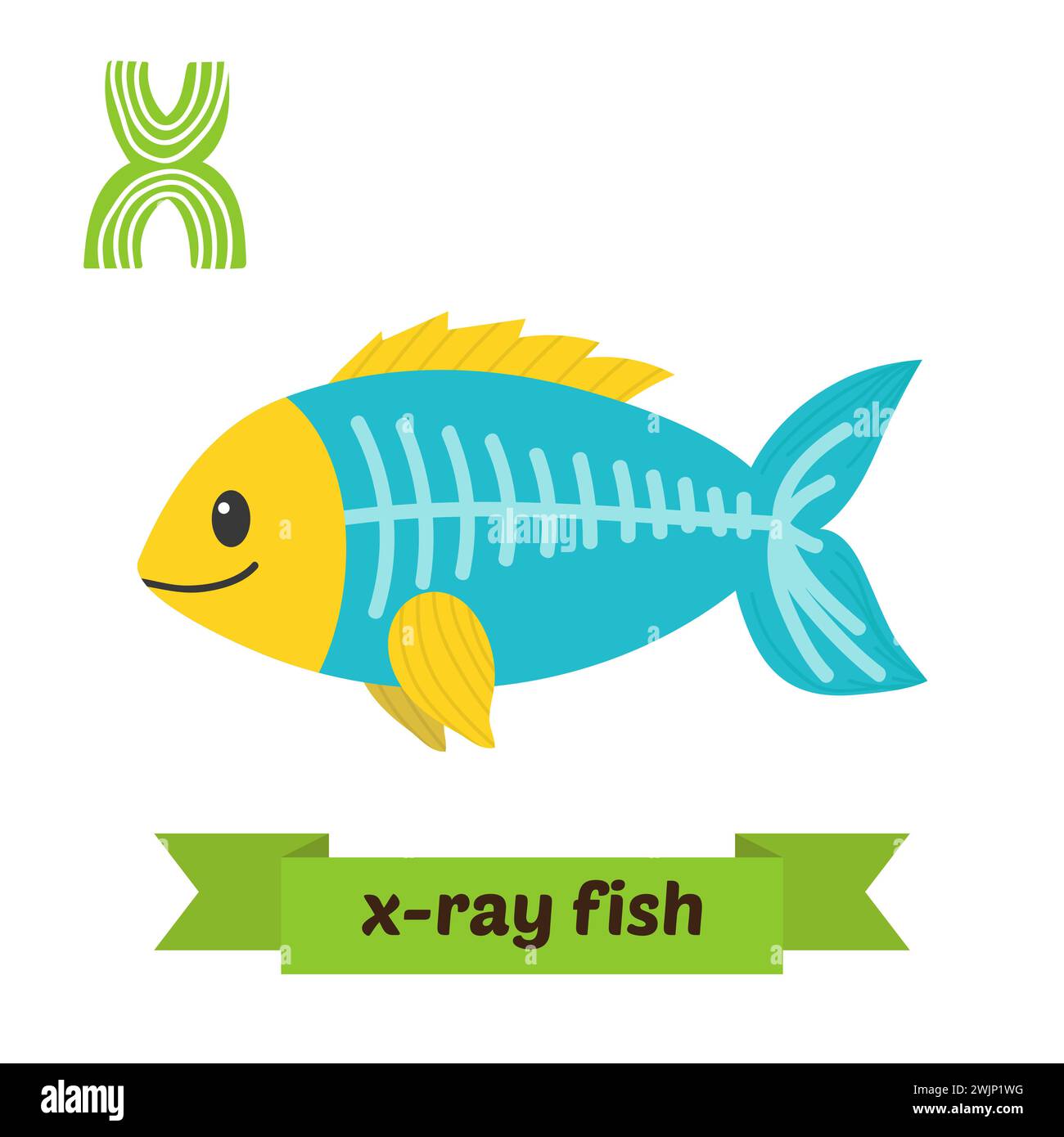 X-ray fish. X letter. Cute children animal alphabet in vector. Funny cartoon animals. Vector illustration Stock Vector