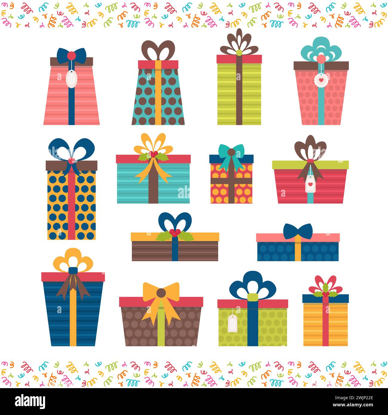 Set of different gift boxes. Flat design. Birthday surprise. Colorful wrapped gift boxes. Christmas presents. Vector illustration Stock Vector