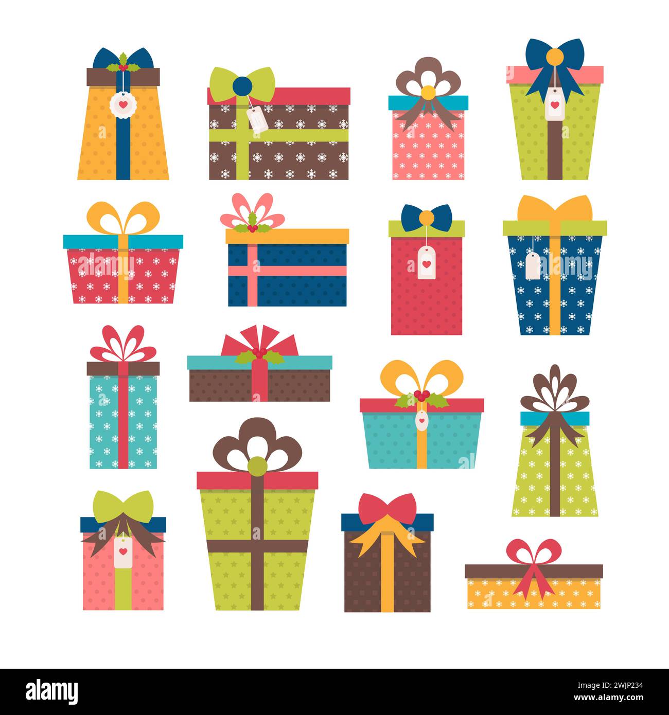 Set of different gift boxes. Colorful wrapped gift boxes. Birthday surprise. Christmas presents. Flat design. Vector illustration Stock Vector