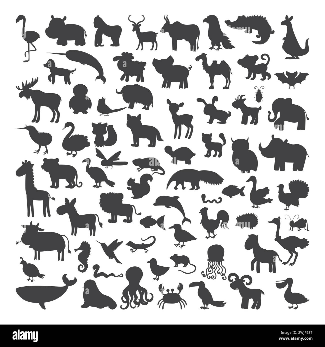 Big set of black animals silhouettes in cartoon style. Wild life. Vector illustration Stock Vector