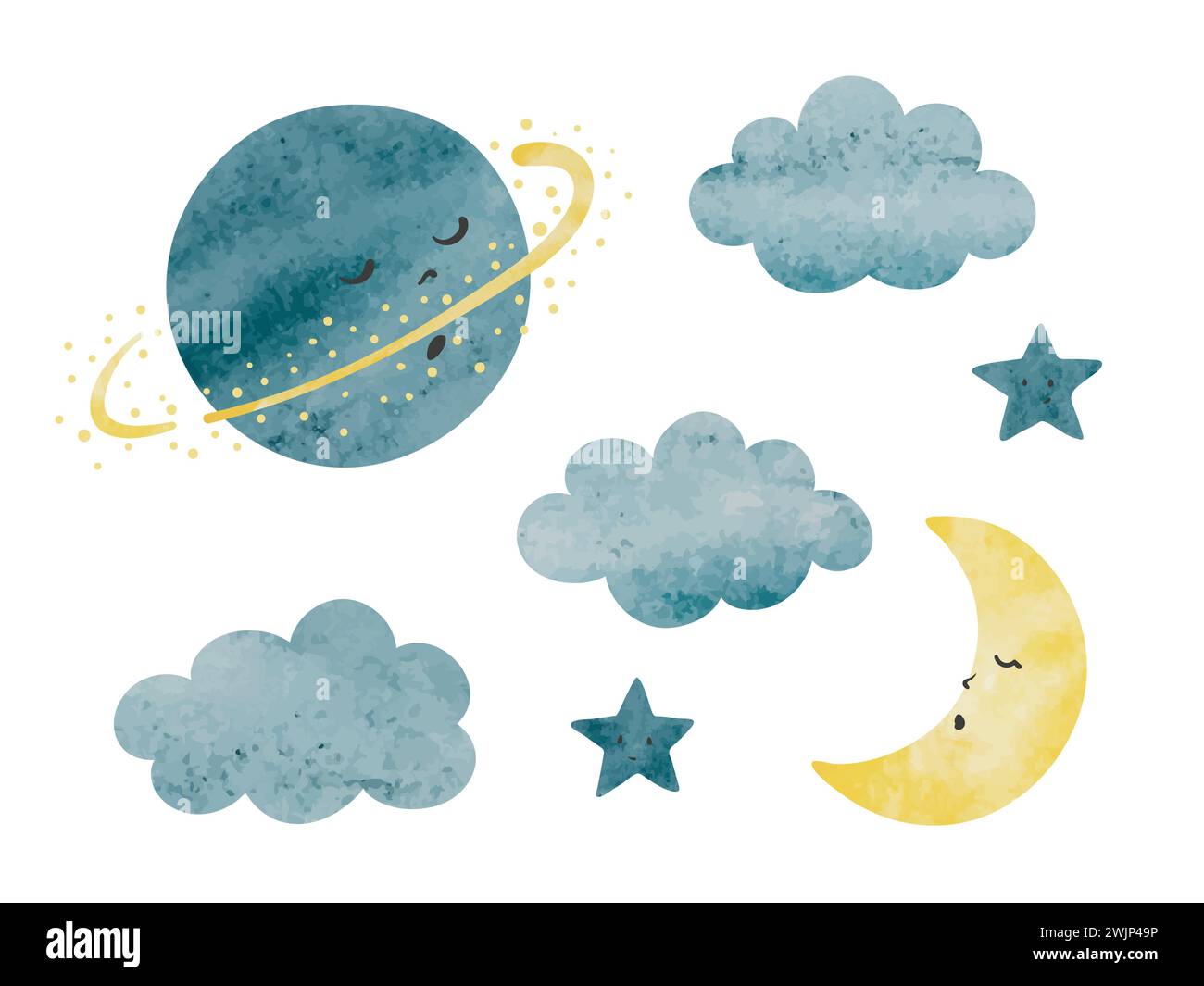 Watercolor set of cute moon, stars, clouds and planet. Nursery elements ...