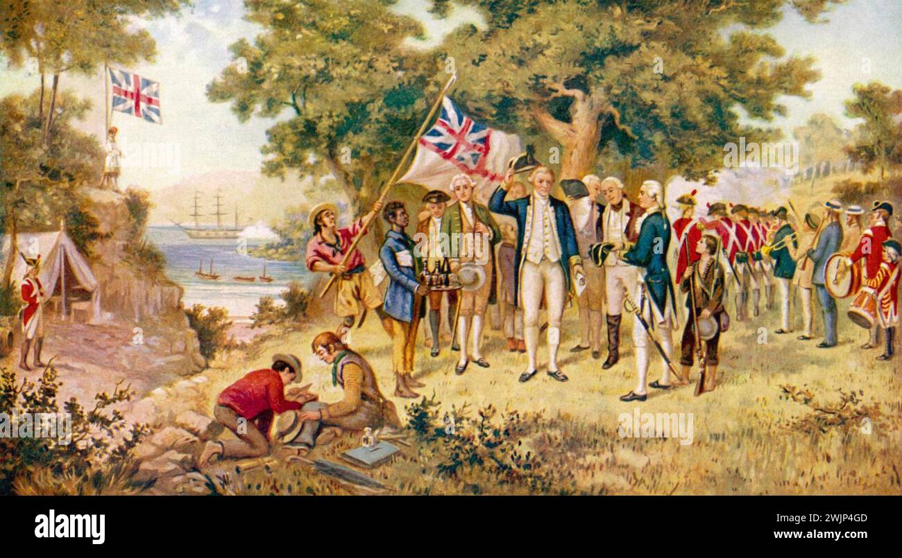 JAM,ES COOK 1728-1779) English naval officer and explorer. A 1770 painting showing Cook taking formal possession of New South Wales. Stock Photo