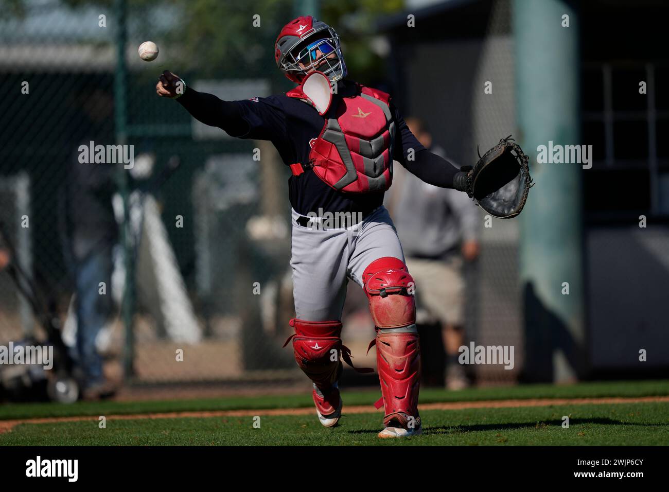 Cleveland Guardians catcher Micael Ramirez throws to first base during ...
